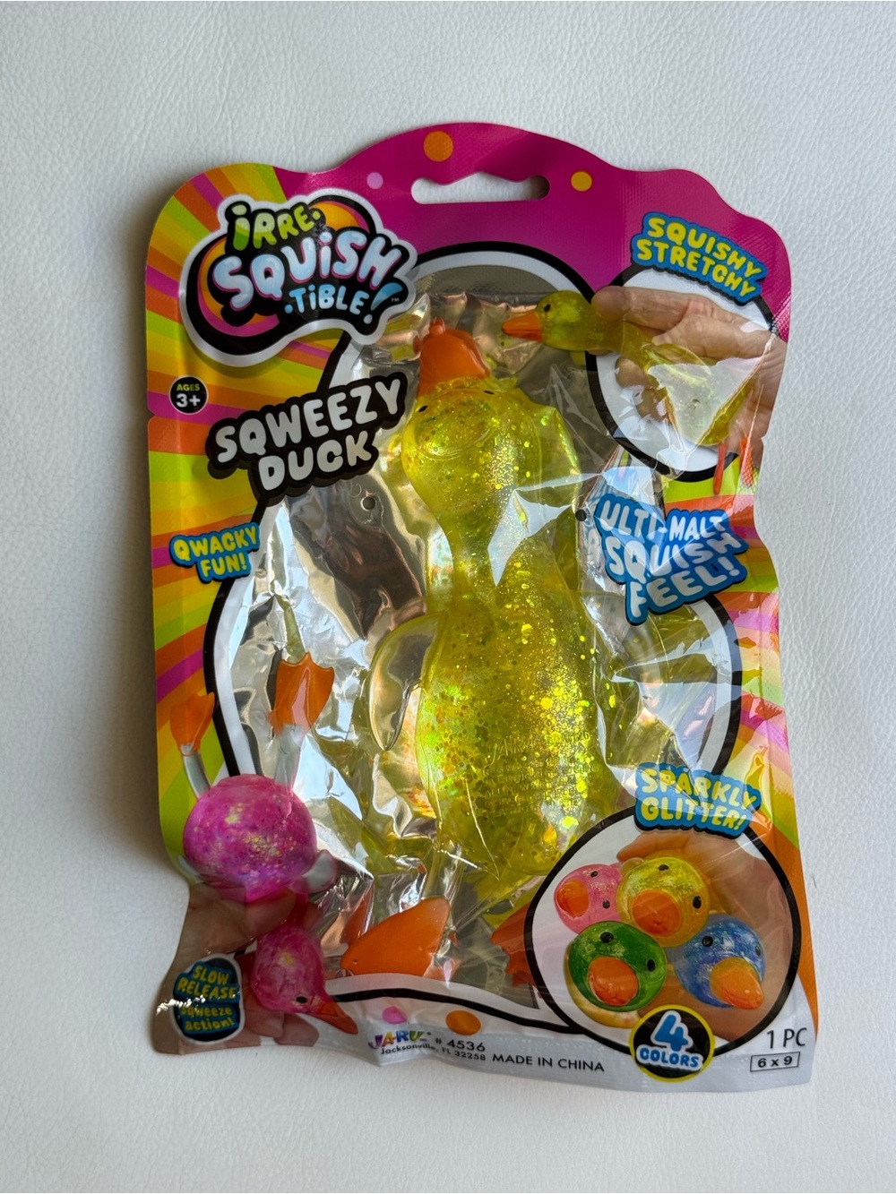 Irre-Squish-Tible Sqweezy Duck Sparkly Glitter Yellow Sensory Fidget NEW Squishy